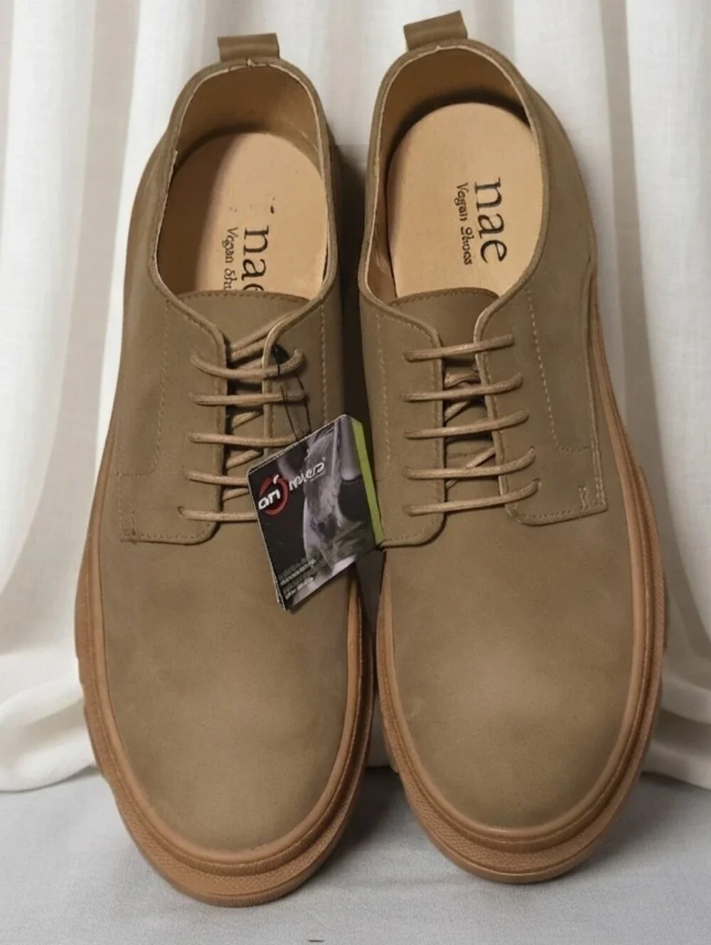 Nae Vegan Taupe Derby with Brown Lug Sole Shoes.